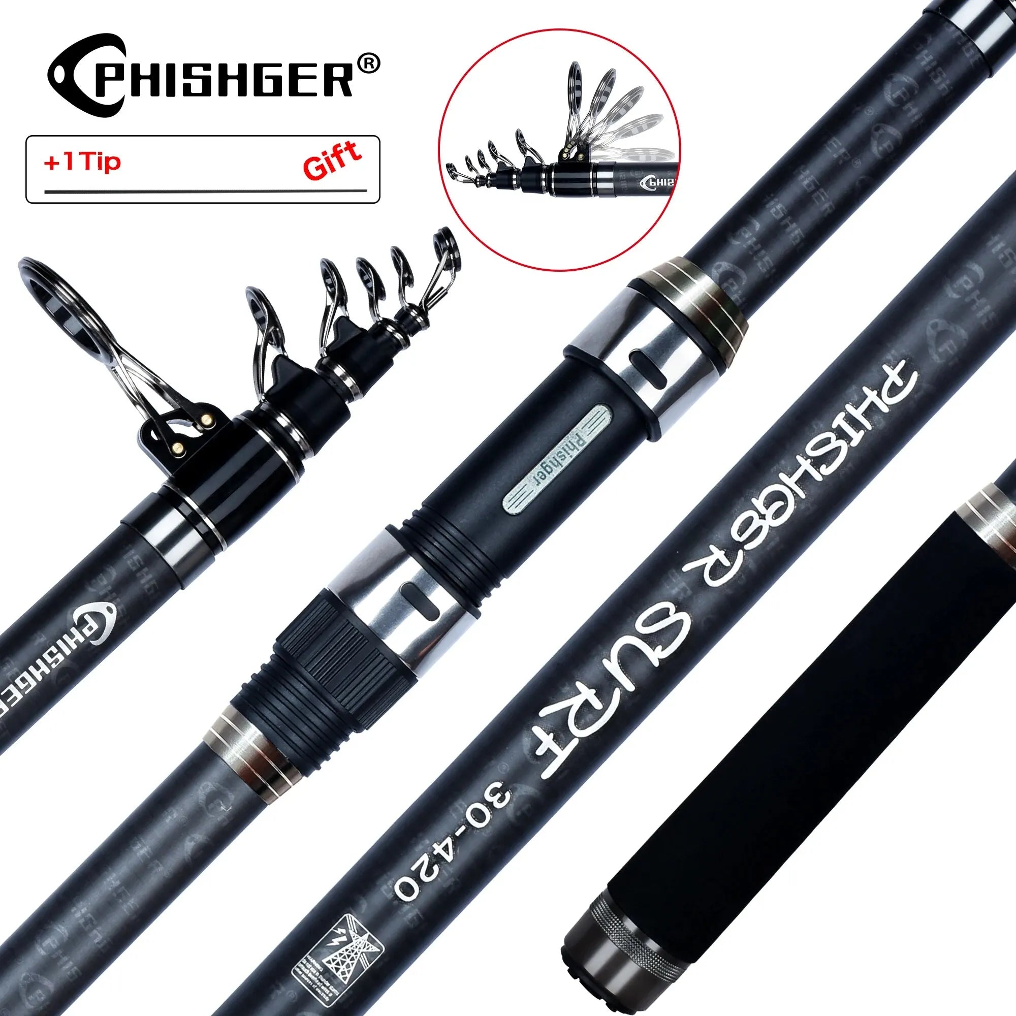 PHISHGER Telescopic Surf Spinning Rod Carbon Fiber Travel Surfcasting Fishing Pole